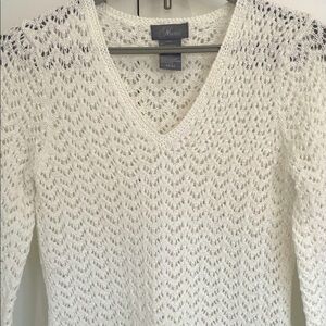 Nomi White V Neck Open Weave Knit Sweater M